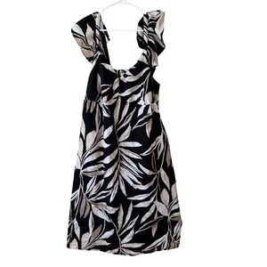 Women XL Black White Tropical Leaf Ruffle Sleeve Cotton Midi Dress adjust strap